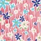 Seamless vector repeat daisy floral print with abstract red stripe background pattern.