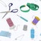 Seamless vector sewing pattern with paper patterns and sewing tools