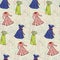 Seamless vector sewing pattern with paper patterns and sketches of vintage dresses