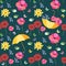 Seamless vector summer pattern with yellow umbrellas, red and pink poppies, green birds and multicolor butterflies