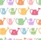 Seamless vector texture with colorful watering cans in a row on a white background. Child pattern with cute garden tools