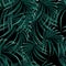 Seamless vector tropical pattern with dark green palm leaves on black background.