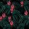 Seamless vector tropical pattern with dark palm leaves and tropical protea flowers on black background.