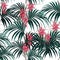 Seamless vector tropical pattern with dark palm leaves and tropical protea flowers on white background.