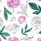 Seamless vector watercolor and graphic sketch peony pattern.