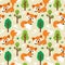 Seamless vector woodland pattern with foxes, trees, plans and leaves
