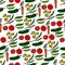 Seamless vegetable pattern. Vector illustration including olives, cucumbers, tomatoes, peas, carrots
