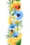 Seamless vertical border of watercolor summer meadow flowers and herbs. Pattern with poppies, ladybug; camomiles and cornflowers