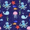 Seamless vivid picture of sea world with fish, octopus, jellyfish, starfish and seaweed