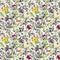 Seamless wallpaper - flowers, butterflies. Meadow floral pattern in black and white colors. Watercolor