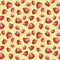 Seamless wallpaper - painted strawberry on yellow background. Watercolour