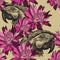 Seamless wallpaper with pink flowers and parrot, hand-drawing. V