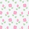 Seamless wallpaper pink roses with leaves on striped background.