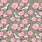 Seamless wallpaper - white crane birds dance, pink flowers. Floral watercolor