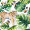 Seamless watercolor animal tiger pattern with tigers with tropical leaves, aloha jungle hawaiian. Hand painted palm leaf