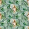 Seamless watercolor animal tiger pattern with tigers with tropical leaves, aloha jungle hawaiian. Hand painted palm leaf