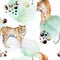 Seamless watercolor animal tiger pattern with tigers with tropical leaves, aloha jungle hawaiian. Hand painted palm leaf