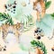 Seamless watercolor animal tiger pattern with tigers with tropical leaves, aloha jungle hawaiian. Hand painted palm leaf