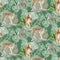 Seamless watercolor animal tiger pattern with tigers with tropical leaves, aloha jungle hawaiian. Hand painted palm leaf