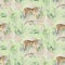 Seamless watercolor animal tiger pattern with tigers with tropical leaves, aloha jungle hawaiian. Hand painted palm leaf