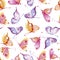 Seamless watercolor background consisting of butterflies of different colors, yellow and pink