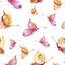 Seamless watercolor background consisting of pink and yellow butterflies