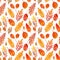 Seamless watercolor background with hand drawn bright autumn leaves.