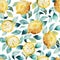 Seamless watercolor background of yellow lemon and leaves