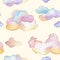 seamless watercolor childish pattern fairy rainbow clouds on pastel yellow background