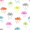 Seamless watercolor clouds pattern. Rain of colorful hearts.