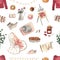 Seamless watercolor cozy pattern. Sweater, rocking chair, cake