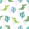 Seamless watercolor crocodile and cactus pattern