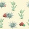 Seamless watercolor desert pattern with cactus agave, rock, grass, bush