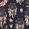 Seamless watercolor ethnic boho floral pattern - dreamcatchers and flowers on black background