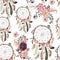 Seamless watercolor ethnic boho floral pattern - dreamcatchers and flowers on white background