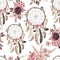 Seamless watercolor ethnic boho floral pattern - dreamcatchers and flowers on white background