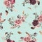 Seamless watercolor ethnic boho floral pattern - paste flowers & feathers on blue background