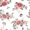 Seamless watercolor ethnic boho floral pattern - paste flowers & feathers on white background