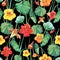Seamless watercolor fabric background of nasturtium flowers and leaves. Old style black background.