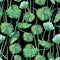 Seamless watercolor fabric background of nasturtium leaves. Old style black background.