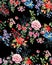 Seamless watercolor floral design with black background for textile prints. Modern floral background.