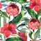 Seamless watercolor floral pattern - tropical leaves and pink flowers composition. Blossom Chineese rose and protea