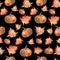 Seamless watercolor halloween pattern of autumn maple leaves and pumpkins on black background