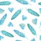 Seamless watercolor hand drawn pattern with green blue turquoise feathers quills hearts for St Valentine Day fabric