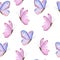 Seamless watercolor hand drawn pattern with pink purple lavender violet butterflies. Trendy wild insect background for