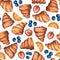 Seamless watercolor hand drawn pattern of sliced croissants with strawberry, orange, blueberry jam filling, isolated on white