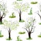 Seamless watercolor hand drawn pattern with spring forest wood. Green summer trees, grass, flowers, first leaves in