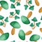 Seamless watercolor hand drawn pattern with St Patricks day elements, green funny realistic mushrooms, wood forest