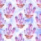 Seamless watercolor hand painted boho pattern. Soft pink crystals and gems on white background. Perfectfor gift paper