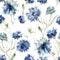 A seamless watercolor illustration presenting serene cornflower blooms in shades of marlin, capri, and chambray blue for